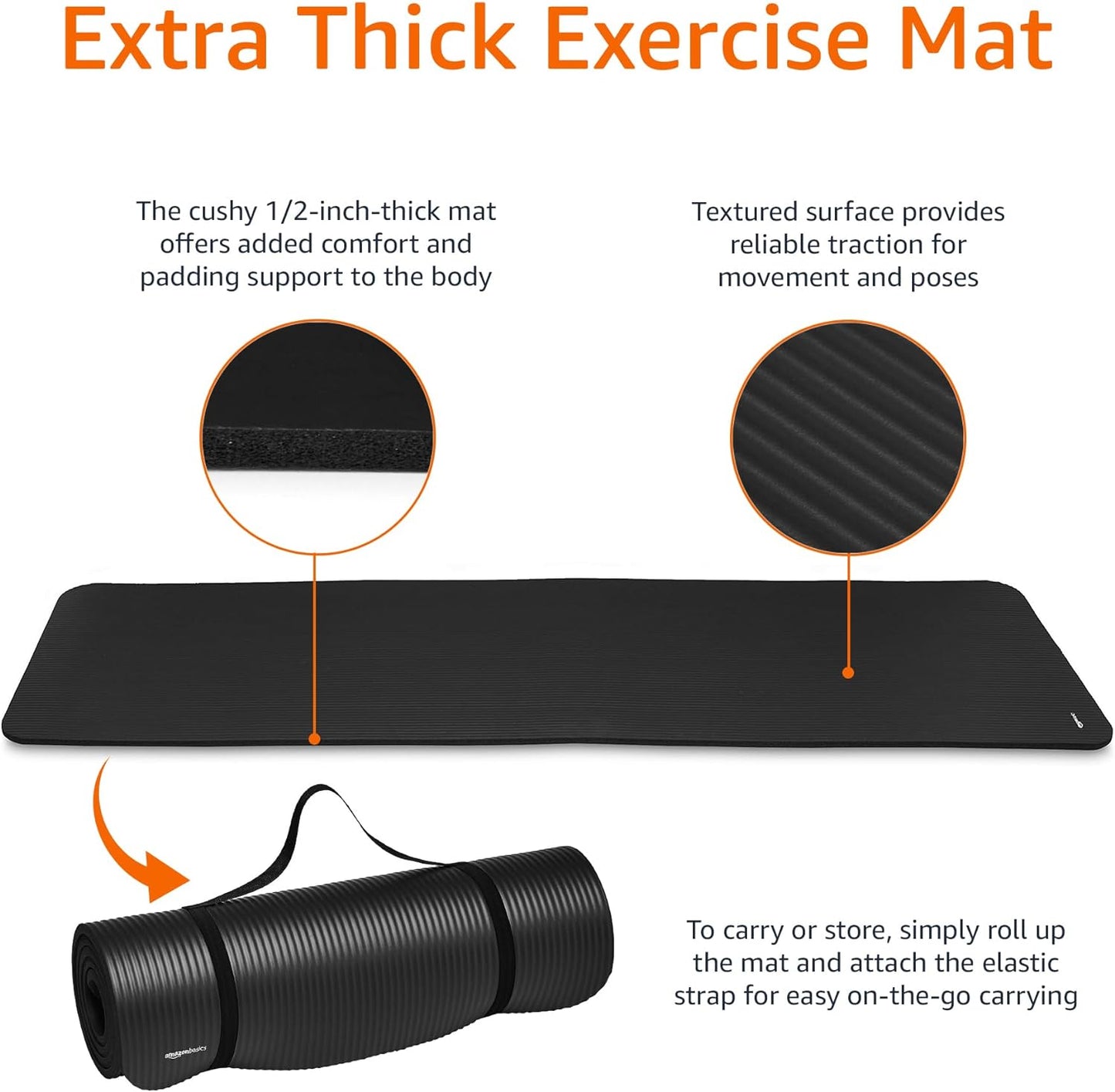  1/2 Inch Extra Thick Yoga & Exercise Mat with Carrying Strap – Cushioned Comfort for Home, Gym & Floor Workouts