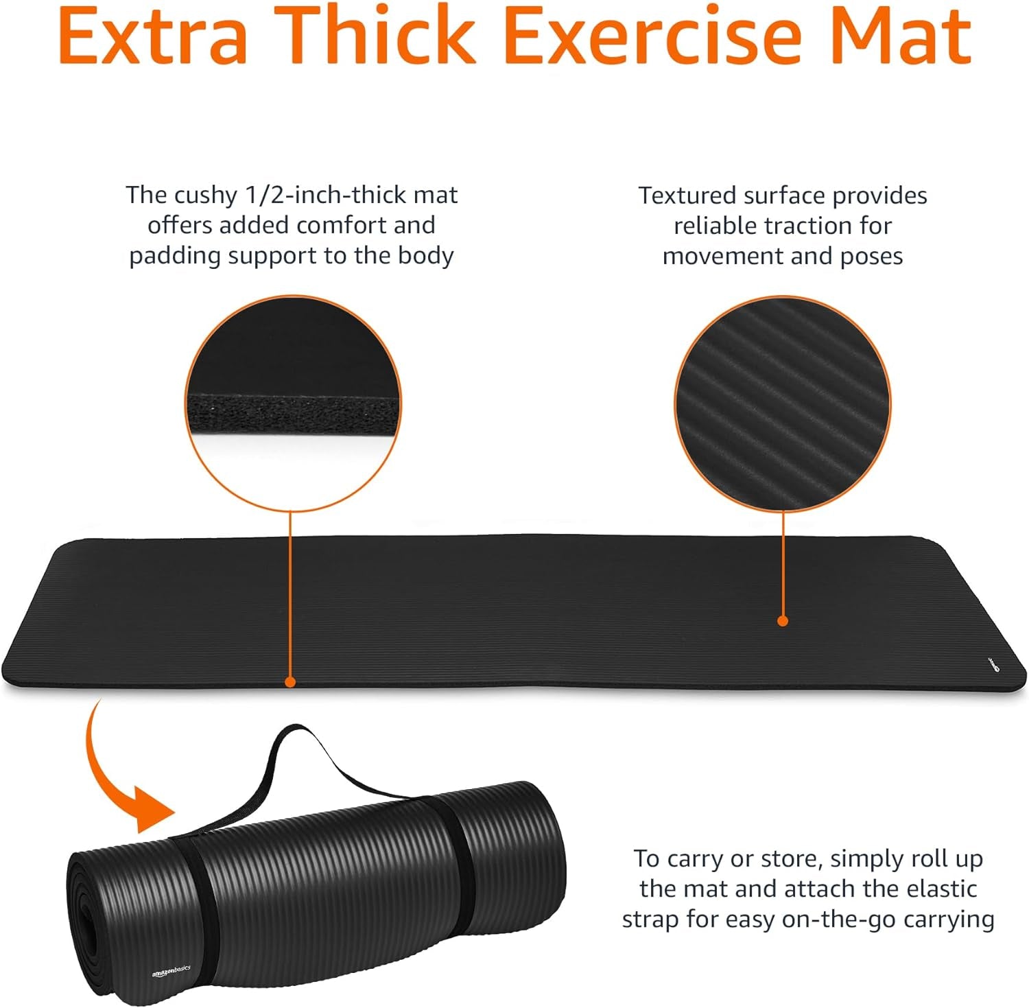  1/2 Inch Extra Thick Yoga & Exercise Mat with Carrying Strap – Cushioned Comfort for Home, Gym & Floor Workouts